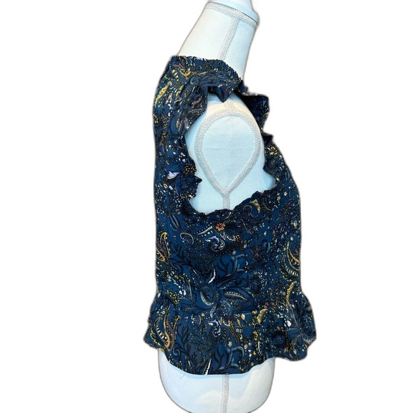 Goodthreads Smocked Ruffle Sleeveless Blouse Medium High Neck Navy Floral Multi - Picture 3 of 8